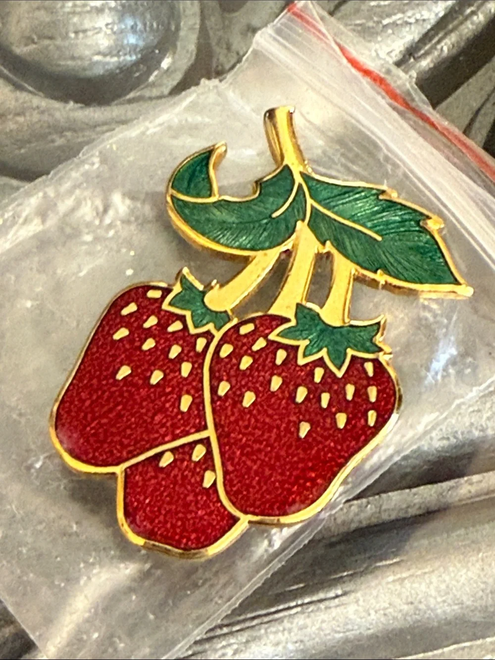 Vintage Triple Strawberries Fish & Crown Strawberry Enamel Pin Red & Green